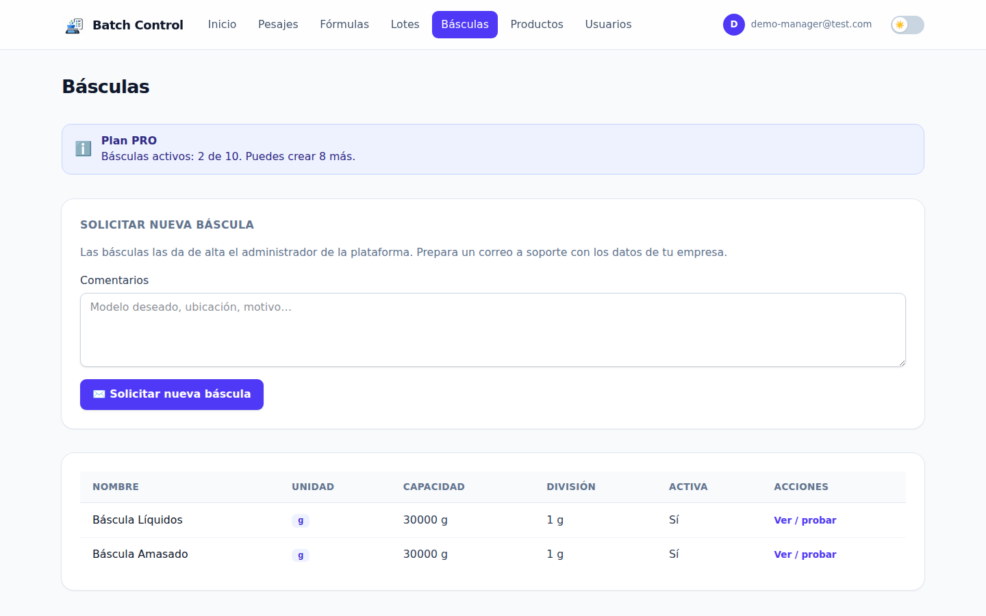 Básculas de la empresa y solicitud de báscula nueva