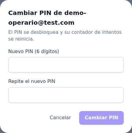Diálogo para cambiar el PIN de un operario