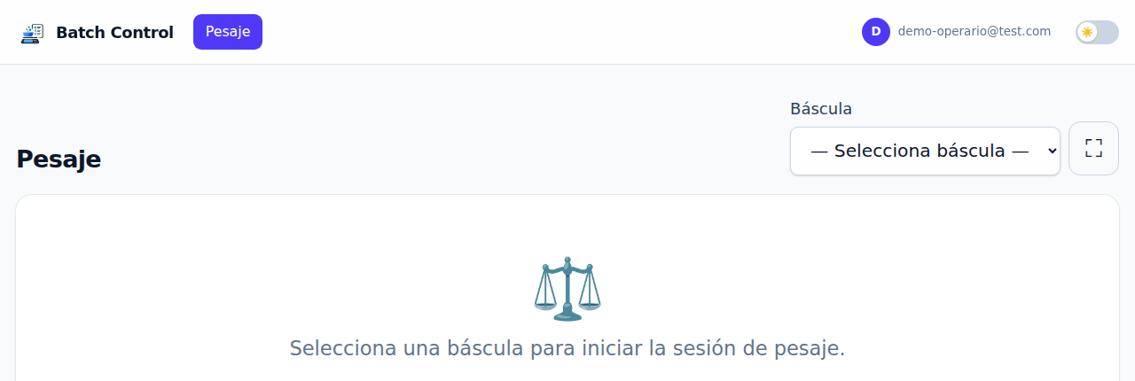 Pantalla de pesaje sin báscula seleccionada