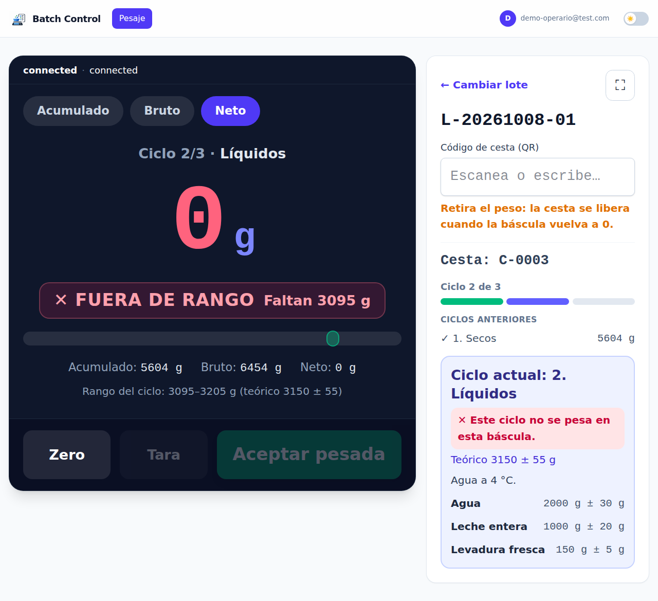 Pesada aceptada; el siguiente ciclo se pesa en otra báscula